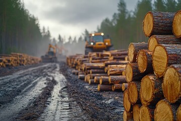 Obraz premium Neatly stacked timber lies on the forest floor while large machinery operates in the background under natural light