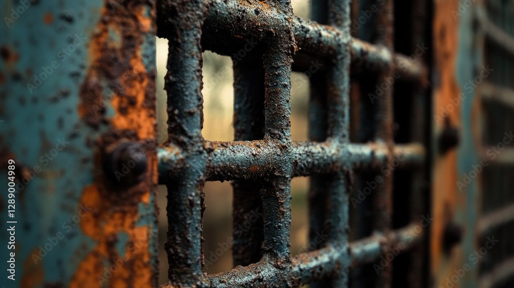 Poster close-up shot of a rusty iron fence with intricate details
