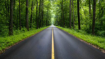 Naklejka premium Asphalt Road Through Lush Green Forest