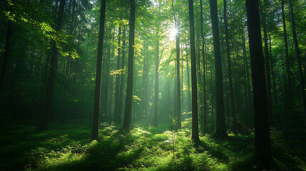 Obraz premium Enchanting Green Forest with Sun Rays - Lush Woodland Nature Scene, nature photography, environmental awareness campaigns, eco-tourism promotions, mindfulness content, wellness blogs, 