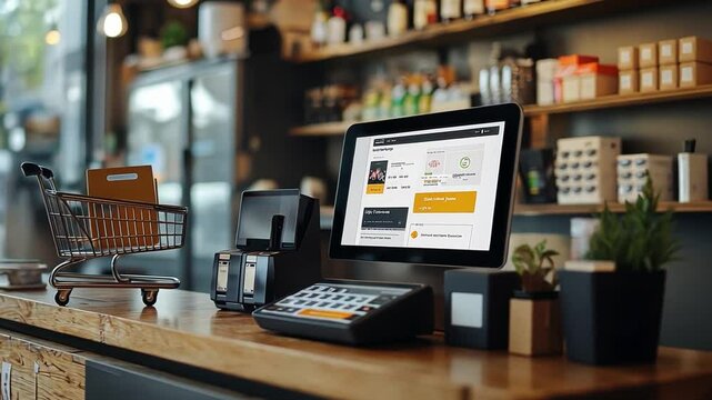 A sleek point-of-sale system in a bustling cafe, highlighting modern commerce, cashless transactions, digital payments, and efficient customer service.