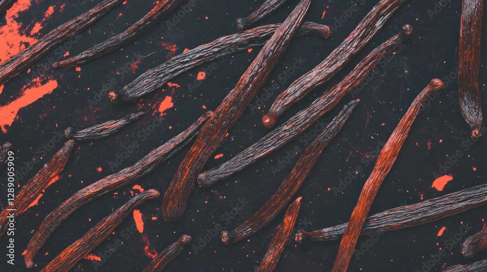 Poster exotic vanilla beans on dark background design for culinary and culinary arts concepts