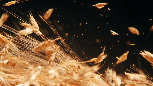 Wheat chaff floating against dark background for natural autumn design concepts
