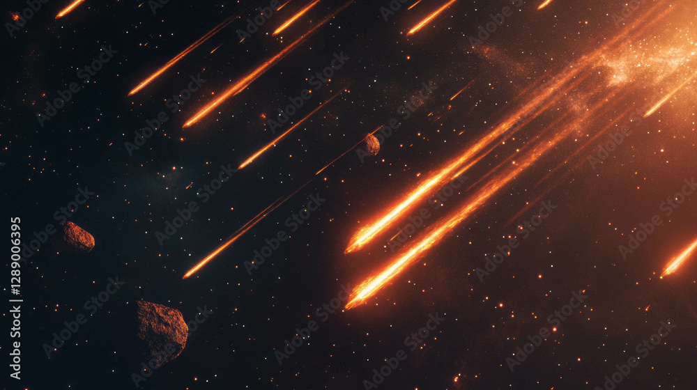 Poster fiery asteroids with bright trails in deep space