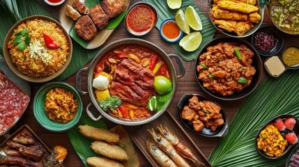 Fototapeta premium Vibrant Arrangement of Diverse Dishes on Wooden Table