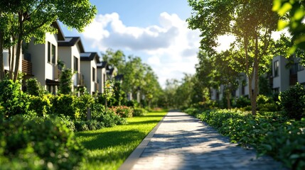 Fototapeta premium Serene Pathway in a Lush Residential Neighborhood with Trees