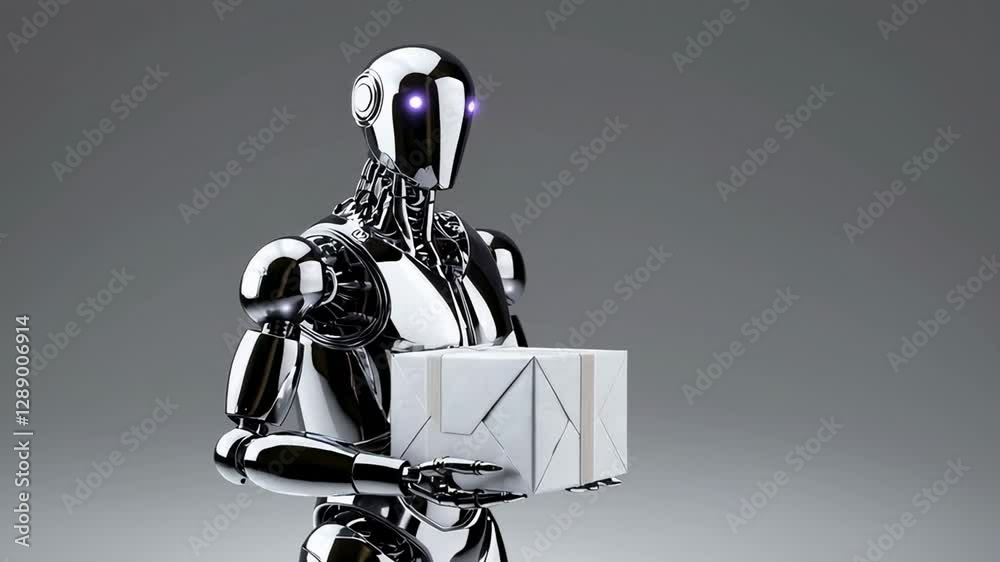 Poster chrome robotic arm carefully grasping white package against neutral gray background, representing au