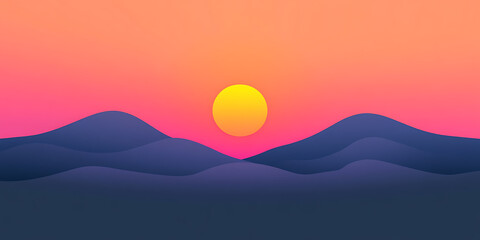 Fototapeta premium Vibrant sunset over rolling hills, a serene landscape painting nature's colorful dance at dusk. The sky bursts with warm hues, reflecting on gentle slopes.