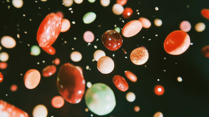 Colorful falling bonbons on dark background for sweet treat designs