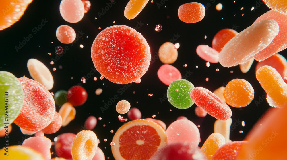 Poster vibrant abstract background of falling candied fruits in motion for creative design