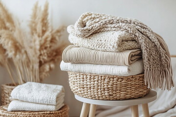 Obraz premium Freshly folded towels arranged on a stylish wooden nightstand beside a bed with elegant bedding in a bright, contemporary bedroom, adding a touch of coziness and warmth.