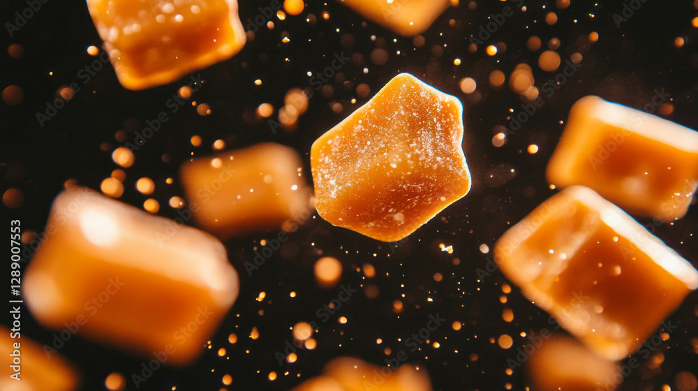 Poster falling caramel candies on dark background with sparkling golden particles