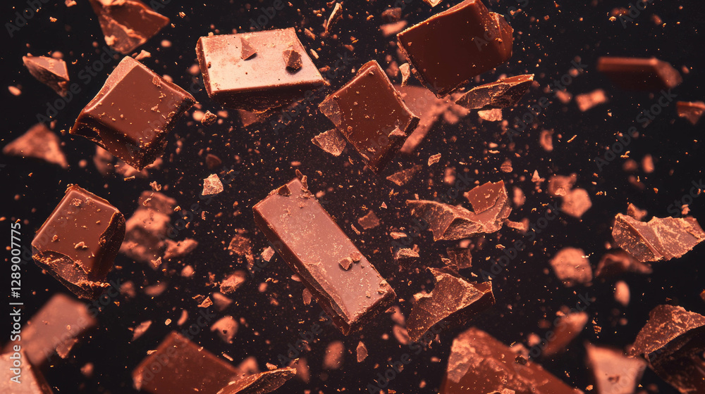 Aufkleber dynamic background of falling chocolate bars and fragments for confectionery design