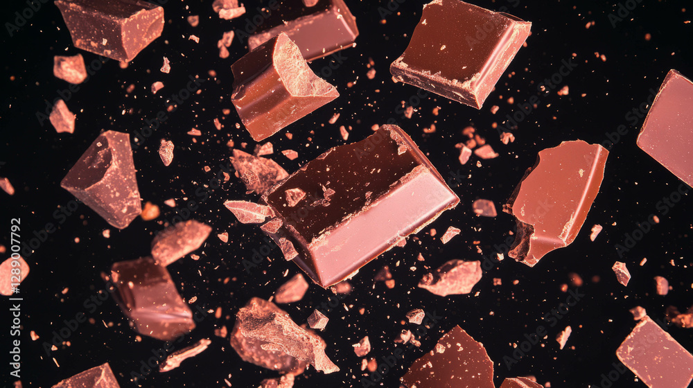 Poster falling chocolate bars fragments abstract background for confectionery design