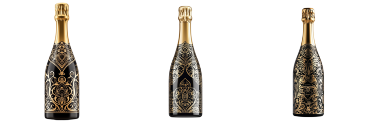Set of A stylish Champagne Brut bottle with an elegant ribbon tied around it on transparent png background. Ai generated