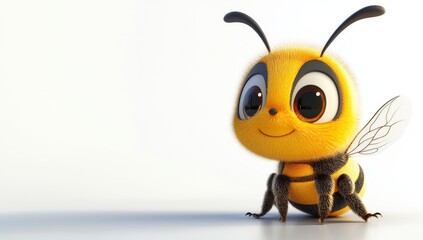 A sweet 3D bee stands in place, created as a cartoon character for kids. The icon is isolated on a white background, showcasing a 3D rendering in a cartoon style