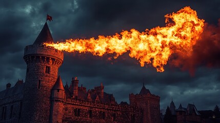 Fototapeta premium Fiery Dragon Breath Engulfs Castle Tower at Dusk