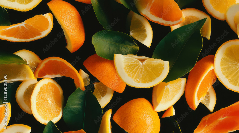 Poster vibrant citrus composition with falling orange and lemon slices on black background