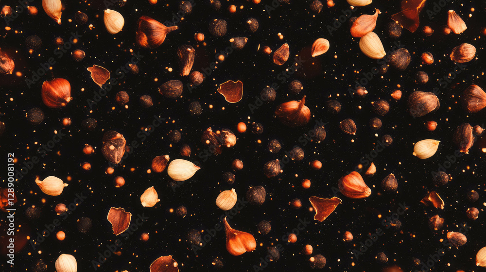 Poster aromatic spice background with falling cloves on dark brown surface for culinary design