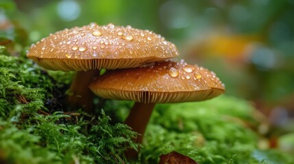Two mushrooms sit atop a thick layer of forest moss