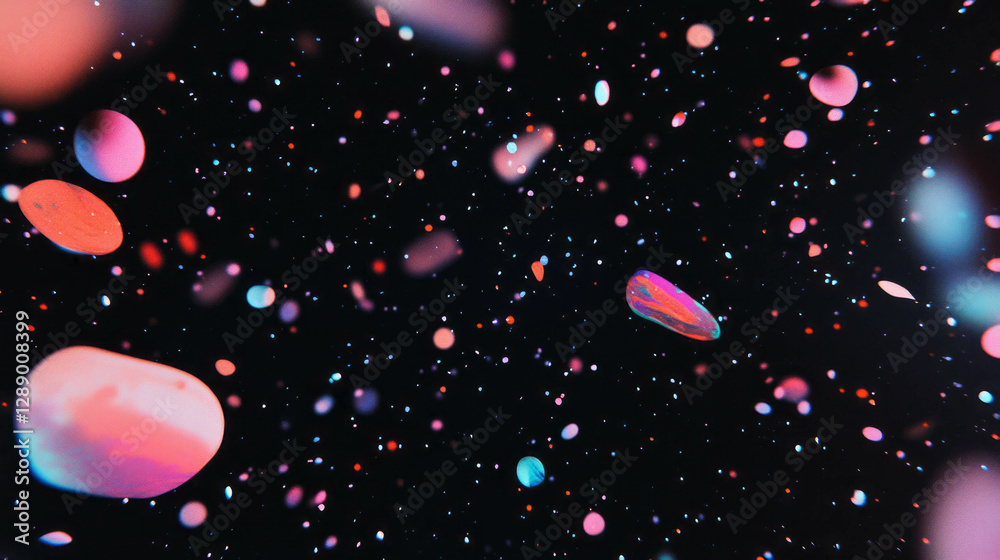 Poster Abstract falling colorful paint splatters on dark background for creative projects