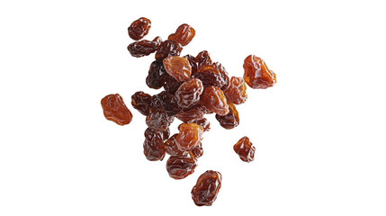 A spray of falling raisins floating in the air isolated on a transparent background