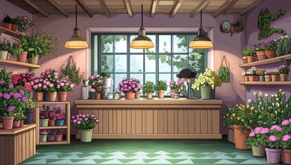 A contemporary pharmacy interior featuring shelves stocked with pills, set against a modern cartoon backdrop