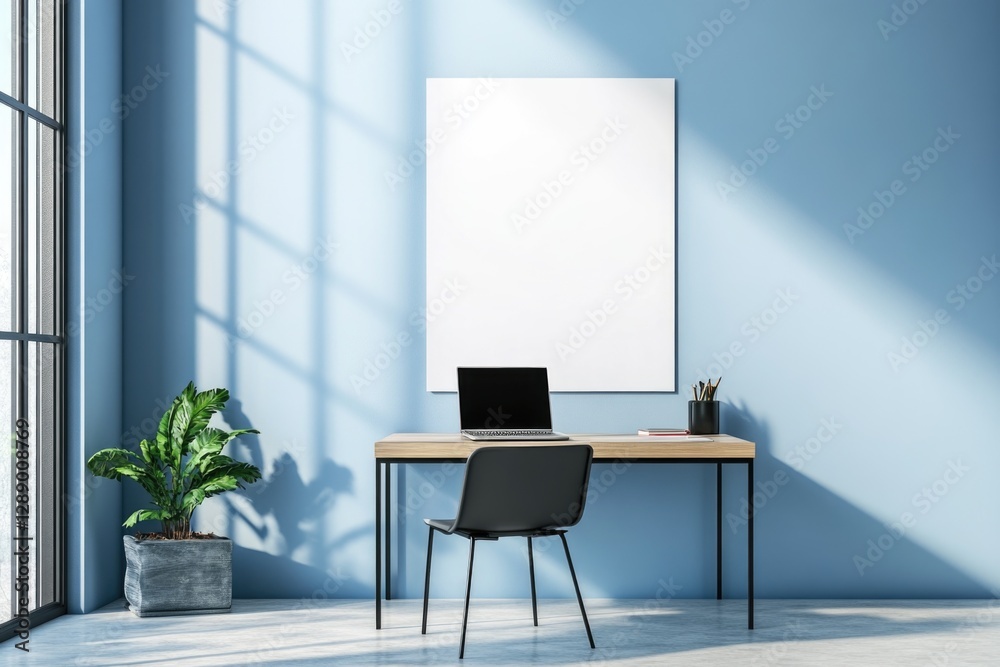 Poster a laptop computer sits on top of a wooden desk, ready for use