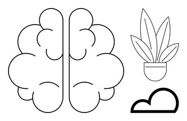Brain with curves, potted plant with tall leaves, and single cloud. Ideal for mental health, personal growth, nature connection, thinking, simplicity mindfulness creativity. Abstract line flat