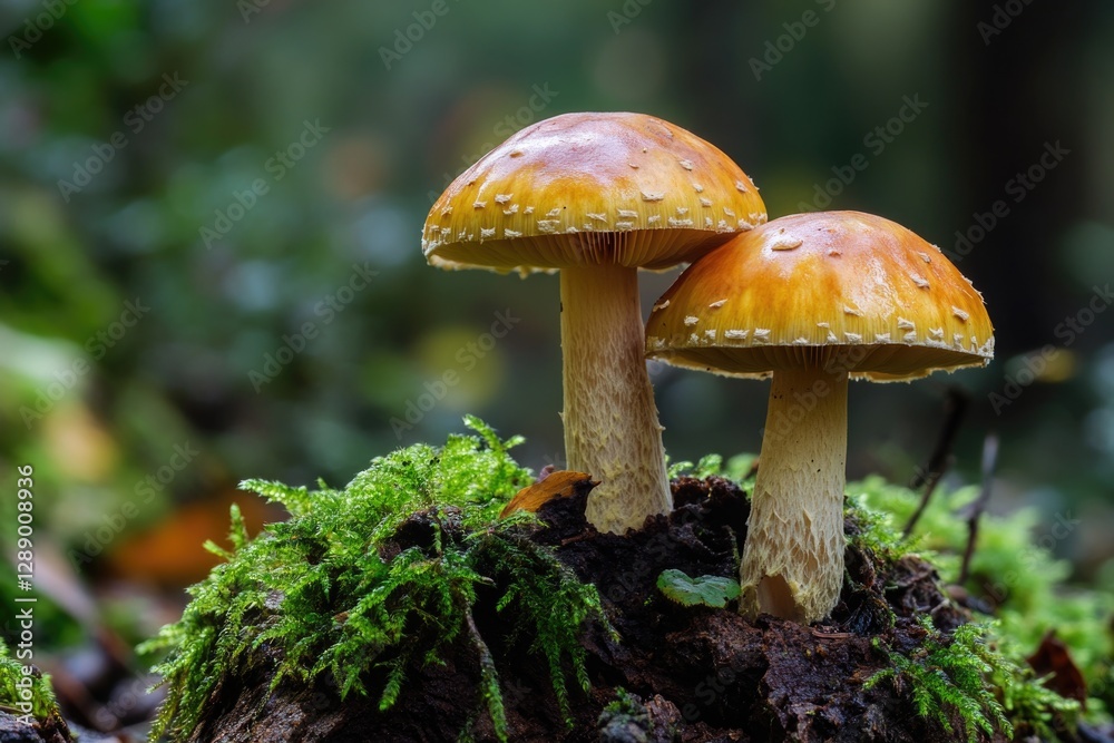 Poster a group of mushrooms growing on the top of a tree stump in a forest