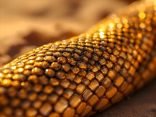 Close-Up of a Golden Snake&rsquo;s Scales Glimmering in the Warm Sunlight with a Shimmering Texture
