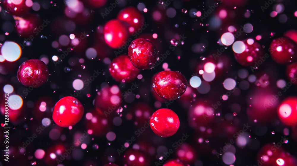 Poster Falling dark red chokeberries with abstract bokeh background design