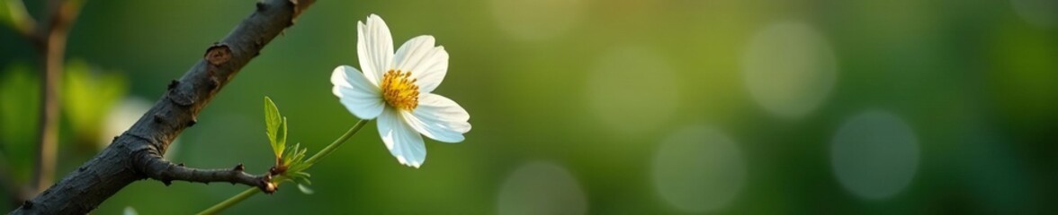 Delicate white anemone blooms on a weathered branch stem, wildflowers, branches