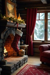 Fototapeta premium Cozy cabin scene with a stocking hanging by the chimney, stone, inviting, wooden furniture