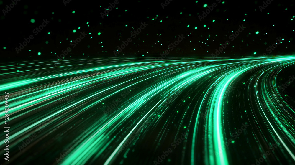 Poster futuristic digital data streams with glowing green light effects for tech background design