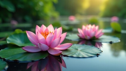 Obraz premium Lotus flowers blooming in a serene environment, flowers, peaceful, aquatic