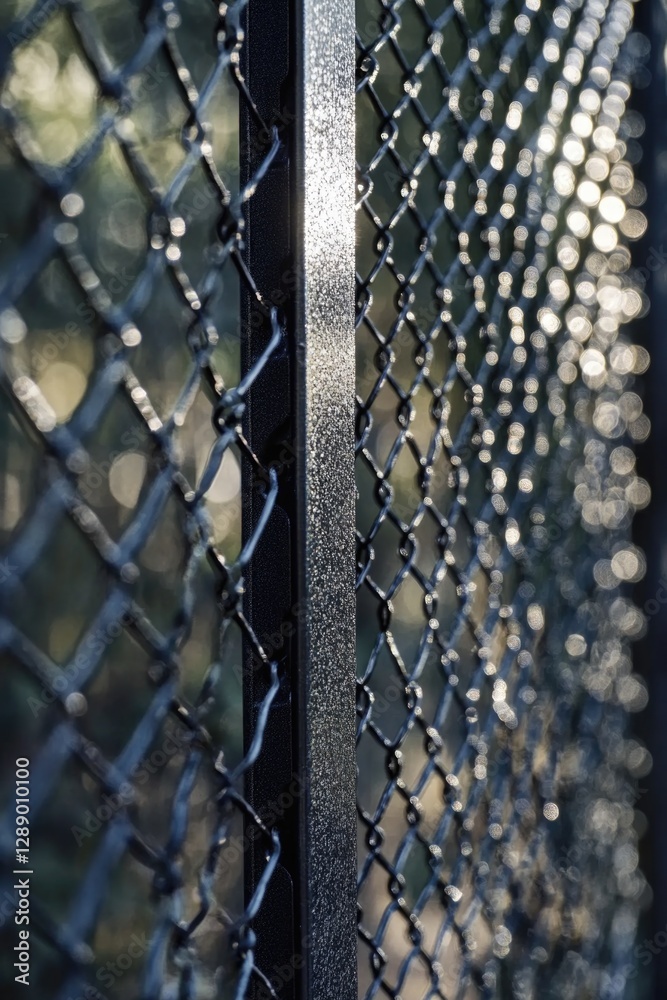 Poster A detailed view of a chain link fence with links and bars, suitable for various uses including background, texture or architectural photography
