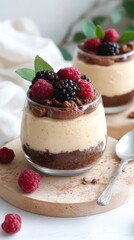 Delicious potted cheesecake served with fresh berries and mint leaves on a wooden board
