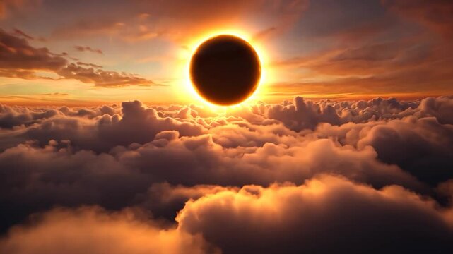 Aerial view of total solar eclipse above clouds at sunset