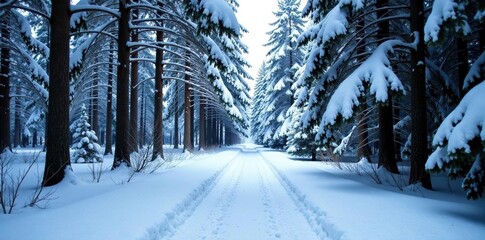 Naklejka premium Forest path covered with a thick layer of fresh snow, nature, stillness