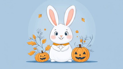 Obraz premium An enchanting postcard illustration of a white, cute cartoon rabbit in a spooky Halloween costume, featuring an orange pumpkin and bats. Suitable for a fairy tale children's book poster concept