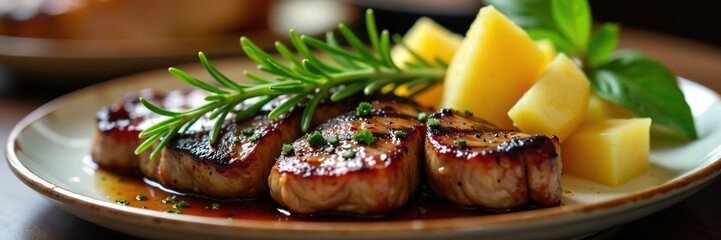 Rosemary sprig garnish for grilled steak and potato dish, fragrance, leafy