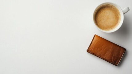 Lottery prize ticket beside a cup of coffee and a leather wallet on a white desk. Featuring success and opportunity
