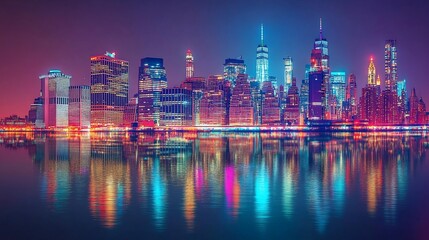 Fototapeta premium Vibrant cityscape at night with colorful lights reflecting in calm water view