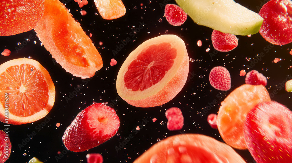 Poster vibrant background of falling fruit pieces for refreshing design concepts