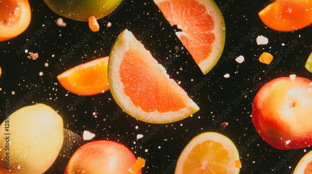Poster colorful falling fruit background with citrus and apple slices for creative design
