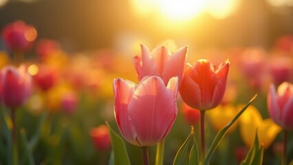 Fototapeta premium Field of pink and yellow flowers with the sun shining on them