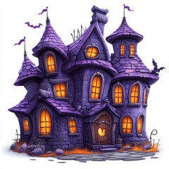 Obraz premium A 3D illustration of a modern clipart showing a spooky Halloween horror house with glowing windows and pumpkin lights, isolated on a white background
