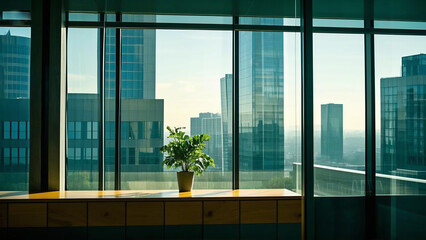 modern office building interior with large glass windows and a reflective surface.