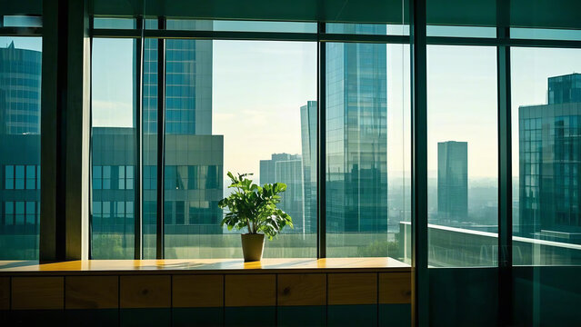 modern office building interior with large glass windows and a reflective surface.